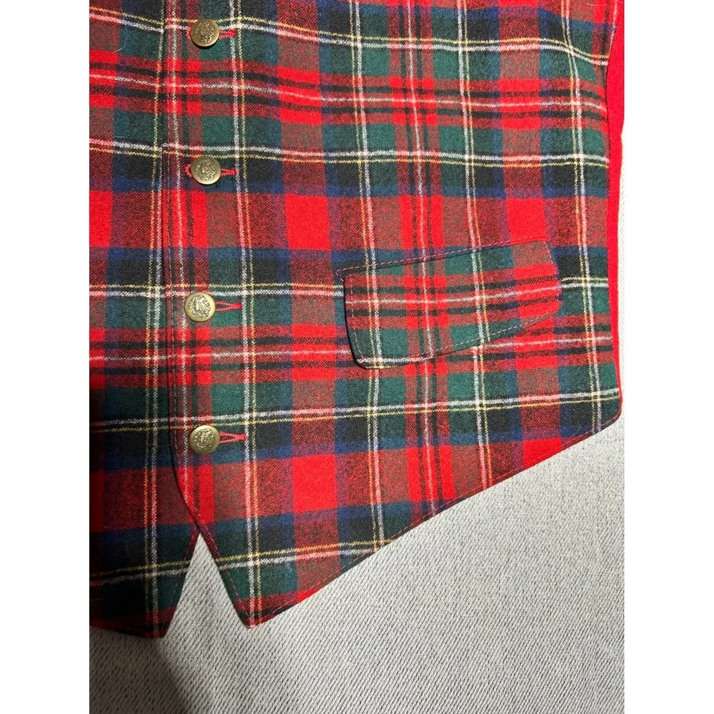 Pendleton Vest Mens 40 Red Plaid Virgin Wool Button Down Front V Neck USA Made